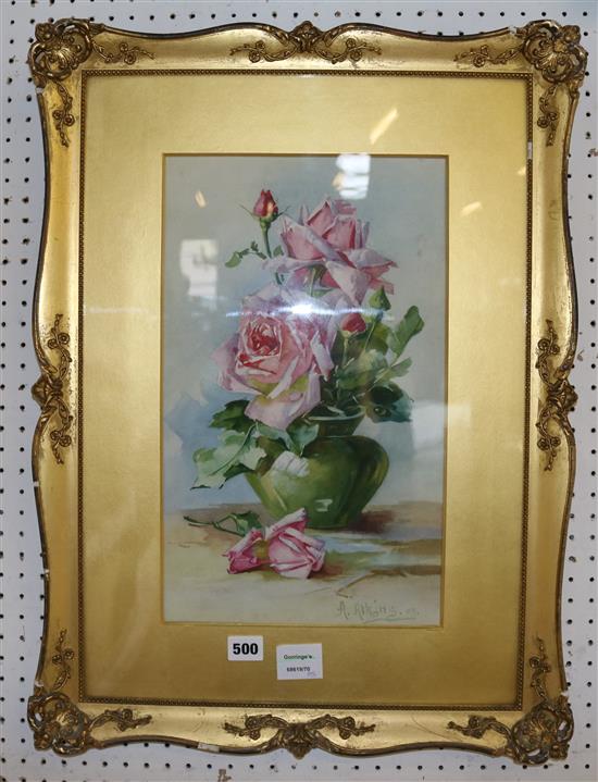 A. Atkins, watercolour, still life of a vase of roses